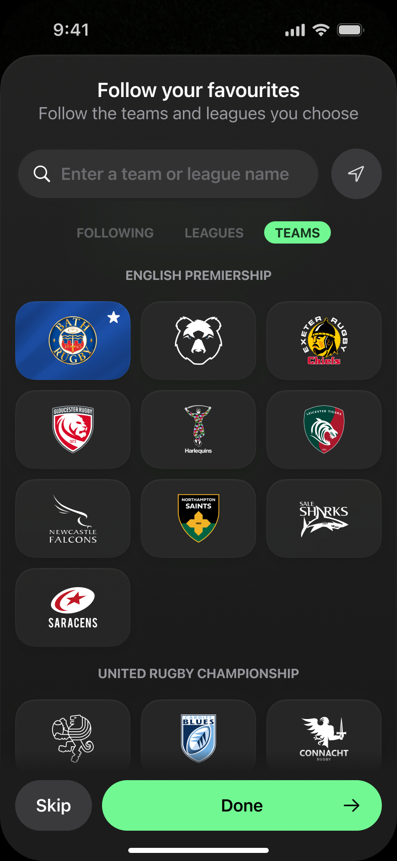 Screenshot showing a list of rugby teams to follow