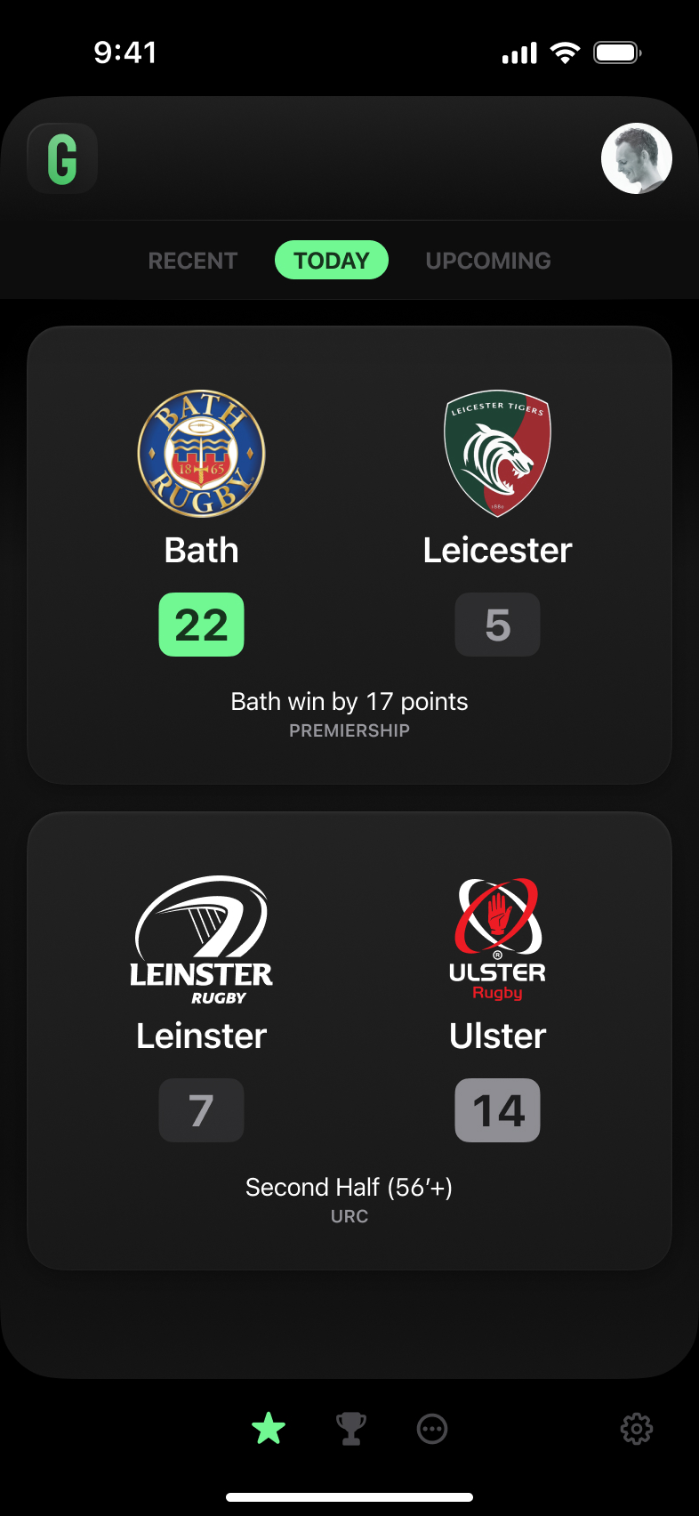 Screenshot showing two rugby fixtures