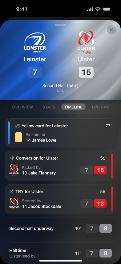 Screenshot showing live events for a rugby match